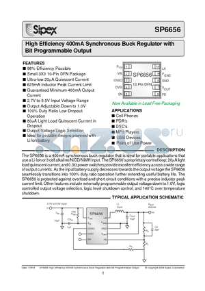 SP6656ER datasheet - High Efficiency 400mA Synchronous Buck Regulator with Bit Programmable Output