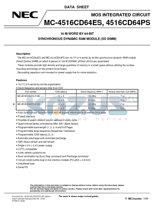 MC-4516CD64ES-A10B datasheet - 16 M-WORD BY 64-BIT SYNCHRONOUS DYNAMIC RAM MODULE SO DIMM