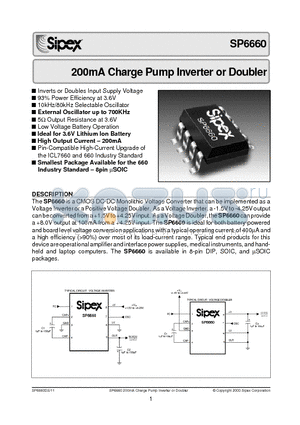 SP6660EN datasheet - 200mA Charge Pump Inverter or Doubler