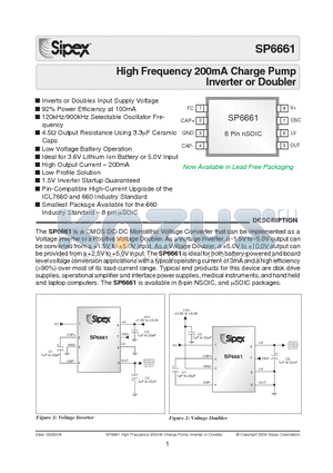 SP6661 datasheet - High Frequency 200mA Charge Pump Inverter or Doubler