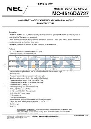 MC-4516DA727PFA-A75 datasheet - 16M-WORD BY 72-BIT SYNCHRONOUS DYNAMIC RAM MODULE REGISTERED TYPE