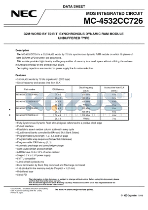 MC-4532CC726 datasheet - 32M-WORD BY 72-BIT SYNCHRONOUS DYNAMIC RAM MODULE UNBUFFERED TYPE