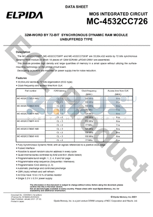 MC-4532CC726EF-A80 datasheet - 32M-WORD BY 72-BIT SYNCHRONOUS DYNAMIC RAM MODULE UNBUFFERED TYPE