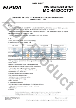 MC-4532CC727PF-A75 datasheet - 32M-WORD BY 72-BIT SYNCHRONOUS DYNAMIC RAM MODULE UNBUFFERED TYPE