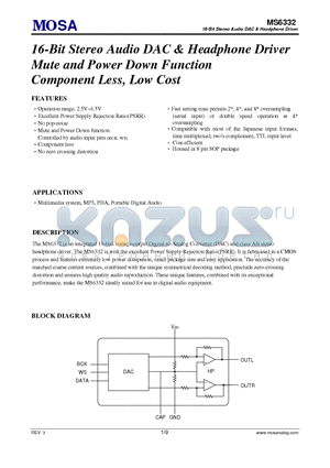 MS6332 datasheet - 16-Bit Stereo Audio DAC & Headphone Driver Mute and Power Down Function Component Less, Low Cost