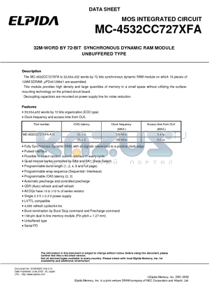 MC-4532CC727XFA-A75 datasheet - 32M-WORD BY 72-BIT SYNCHRONOUS DYNAMIC RAM MODULE UNBUFFERED TYPE