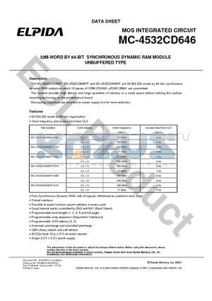 MC-4532CD646XF-A10 datasheet - 32M-WORD BY 64-BIT SYNCHRONOUS DYNAMIC RAM MODULE UNBUFFERED TYPE