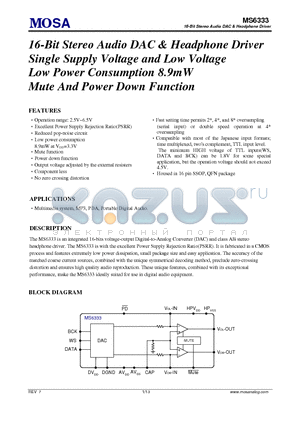 MS6333GTR datasheet - 16-Bit Stereo Audio DAC & Headphone Driver Single Supply Voltage and Low Voltage