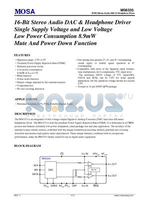MS6333GU datasheet - 16-Bit Stereo Audio DAC & Headphone Driver Single Supply Voltage and Low Voltage