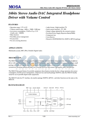 MS6334GU datasheet - 16bits Stereo Audio DAC Integrated Headphone Driver with Volume Control