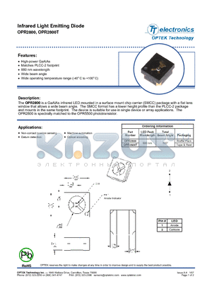 OPR2800 datasheet - Infrared Light Emitting Diode