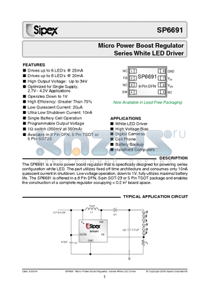 SP6691 datasheet - Micro Power Boost Regulator Series White LED Driver