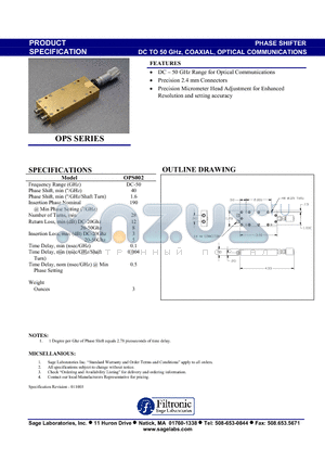 OPS002 datasheet - PHASE SHIFTER DC TO 50 GHz, COAXIAL, OPTICAL COMMUNICATIONS
