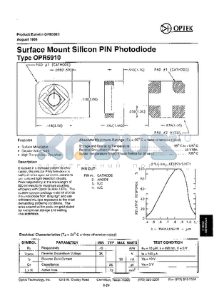 OPR5910 datasheet - Surface Mount Silicon PIN Photodiode