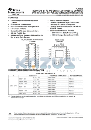 PCA9535DB datasheet - REMOTE 16-BIT I2C AND SMBus, LOW-POWER I/O EXPANDER WITH INTERRUPT OUTPUT AND CONFIGURATION REGISTERS