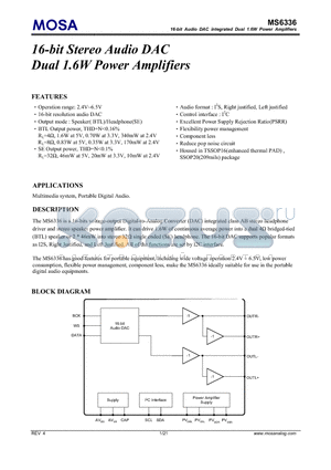 MS6336 datasheet - 16-bit Stereo Audio DAC Dual 1.6W Power Amplifiers