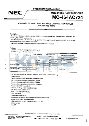 MC-454AC724F-A10 datasheet - 4M-WORD BY 72-BIT SYNCHRONOUS DYNAMIC RAM MODULE UNBUFFERED TYPE