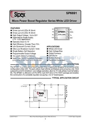 SP6691 datasheet - SOT23Micro Power Boost Regulator Series White LED Driver