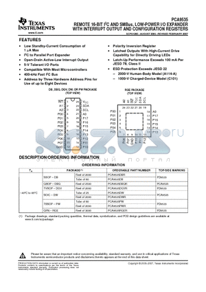 PCA9535DWR datasheet - REMOTE 16-BIT I2C AND SMBus, LOW-POWER I/O EXPANDER WITH INTERRUPT OUTPUT AND CONFIGURATION REGISTERS
