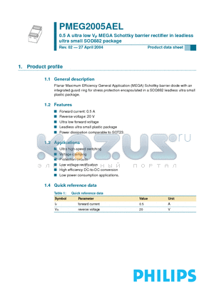 PMEG2005AEL-1 datasheet - 0.5 A ultra low VF MEGA Schottky barrier rectifier in leadless ultra small SOD882 package