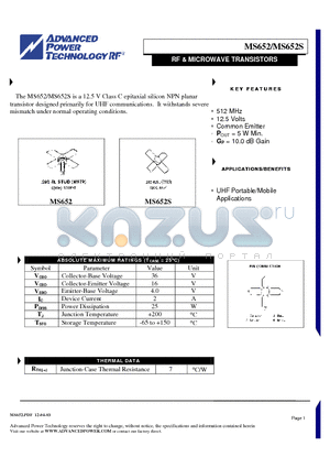 MS652S datasheet - RF & MICROWAVE TRANSISTORS