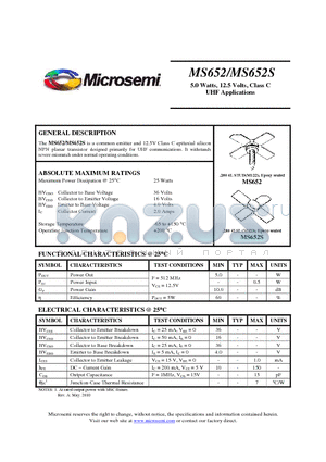 MS652S datasheet - 5.0 Watts, 12.5 Volts, Class C UHF Applications