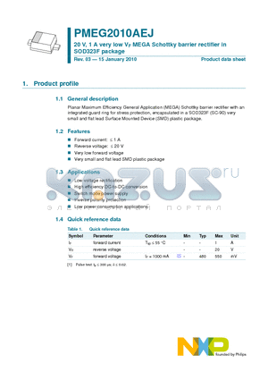 PMEG2010AEJ datasheet - 20 V, 1 A very low VF MEGA Schottky barrier rectifier in SOD323F package