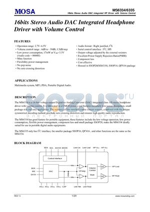 MS6335QTR datasheet - 16bits Stereo Audio DAC Integrated Headphone Driver with Volume Control