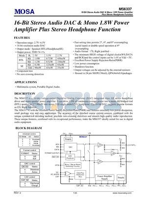 MS6337QTR datasheet - 16-Bit Stereo Audio DAC & Mono 1.8W Power Amplifier Plus Stereo Headphone Function