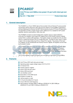 PCA9537 datasheet - 4-bit I2C-bus and SMBus low power I/O port with interrupt and reset