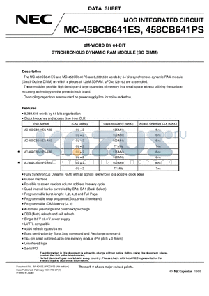 MC-458CB641ES-A10 datasheet - 8M-WORD BY 64-BIT SYNCHRONOUS DYNAMIC RAM MODULE SO DIMM