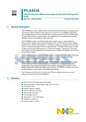 PCA9538BS datasheet - 8-bit I2C-bus and SMBus low power I/O port with interrupt and reset