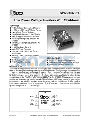 SP6830 datasheet - Low Power Voltage Inverters With Shutdown