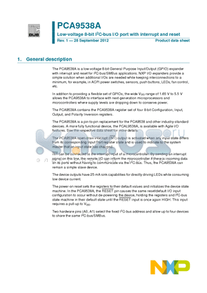 PCA9538A datasheet - Low-voltage 8-bit I2C-bus I/O port with interrupt and reset