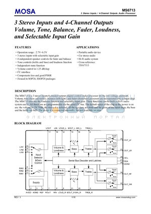 MS6713SSGTR datasheet - 3 Stereo Inputs and 4-Channel Outputs Volume, Tone, Balance, Fader, Loudness, and Selectable Input Gain