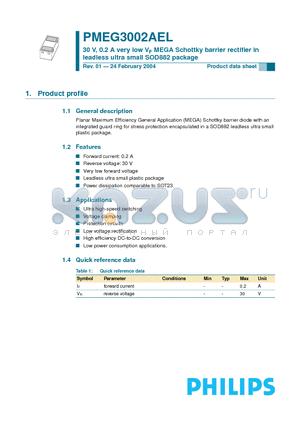 PMEG3002AEL datasheet - 30 V, 0.2 A very low VF MEGA Schottky barrier rectifier in leadless ultra small SOD882 package