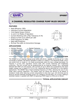 SP6887 datasheet - 4 CHANNEL REGULATED CHARGE PUMP WLED DRIVER