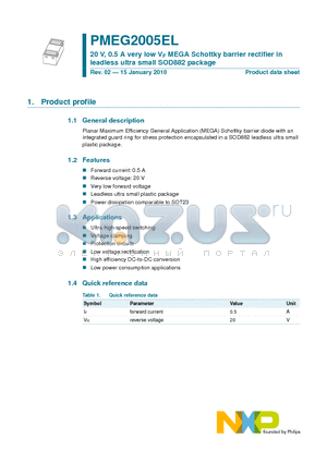 PMEG2005EL datasheet - 20 V, 0.5 A very low VF MEGA Schottky barrier rectifier in leadless ultra small SOD882 package