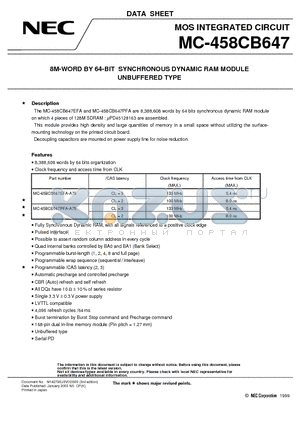 MC-458CB647PFA-A75 datasheet - 8M-WORD BY 64-BIT SYNCHRONOUS DYNAMIC RAM MODULE UNBUFFERED TYPE