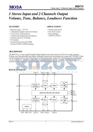MS6715SSGU datasheet - 1 Stereo Input and 2 Channels Output Volume, Tone, Balance, Loudness Function