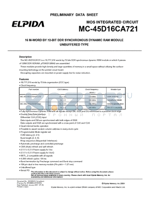 MC-45D16CA721 datasheet - 16 M-WORD BY 72-BIT DDR SYNCHRONOUS DYNAMIC RAM MODULE UNBUFFERED TYPE