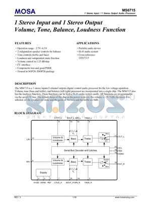 MS6715GTR datasheet - 1 Stereo Input and 1 Stereo Output Volume, Tone, Balance, Loudness Function