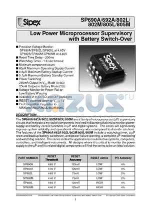 SP690ACP datasheet - Low Power Microprocessor Supervisory with Battery Switch-Over