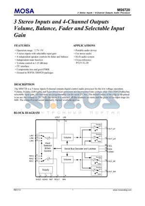 MS6720GTR datasheet - 3 Stereo Inputs and 4-Channel Outputs Volume, Balance, Fader and Selectable Input Gain