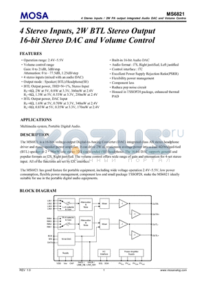 MS6821 datasheet - 4 Stereo Inputs, 2W BTL Stereo Output 16-bit Stereo DAC and Volume Control