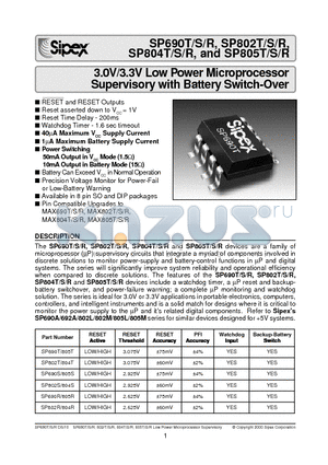 SP690REN datasheet - 3.0V/3.3V Low Power Microprocessor Supervisory with Battery Switch-Over