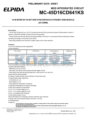 MC-45D16CD641KS datasheet - 16 M-WORD BY 64-BIT DDR SYNCHRONOUS DYNAMIC RAM MODULE (SO DIMM)