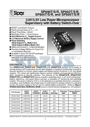 SP690REP datasheet - 3.0V/3.3V Low Power Microprocessor Supervisory with Battery Switch-Over