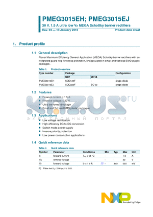 PMEG3015EJ datasheet - 30 V, 1.5 A ultra low VF MEGA Schottky barrier rectifiers