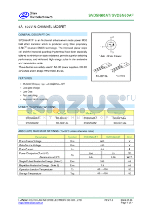 SVD5N60AT datasheet - 5A, 600V NCHANNEL MOSFET